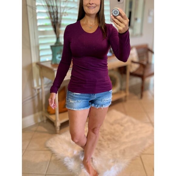 Round Neck Slimming Long Sleeve Cotton Top Eggplant 0323 - Picture 5 of 5